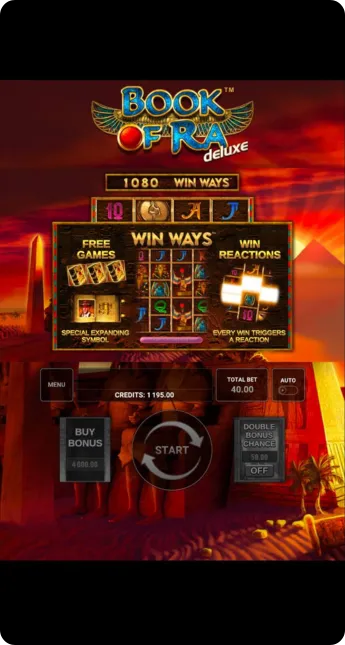 Book of Ra Deluxe slot main screen with active reels and symbols