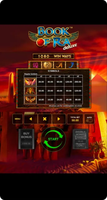 Game rules screen in Book of Ra Deluxe showing RTP and autoplay features