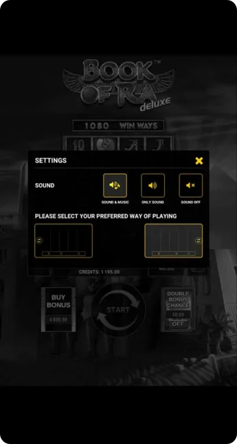 Book of Ra online slots Deluxe settings menu with sound options and layout selection